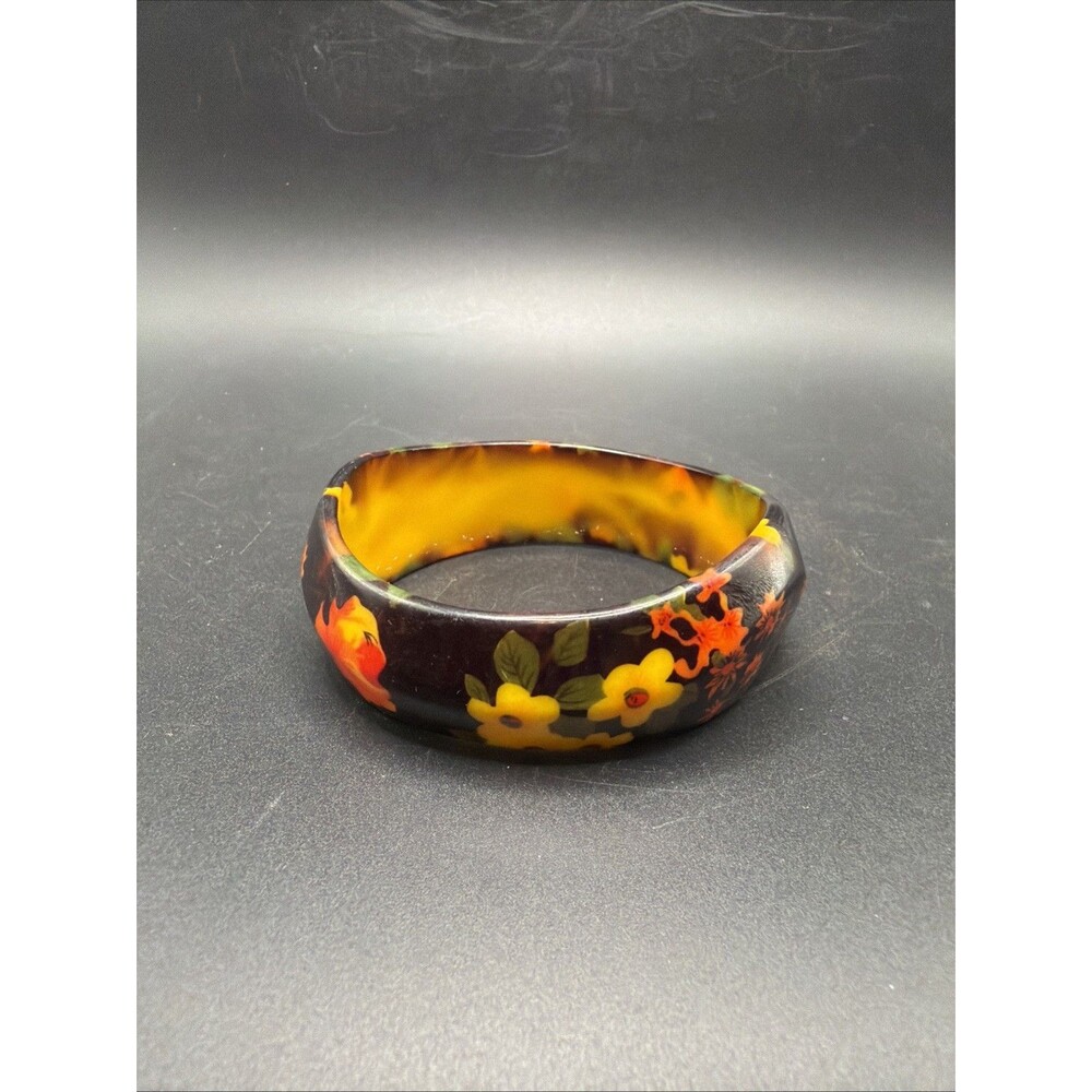 Retro Plastic Lucite Chocolate Brown Orange Yellow Floral Chunky Bangle Bracelet